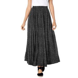 Pull-On Elastic Waist Soft Maxi Skirt Black White Polka Dots with Pockets